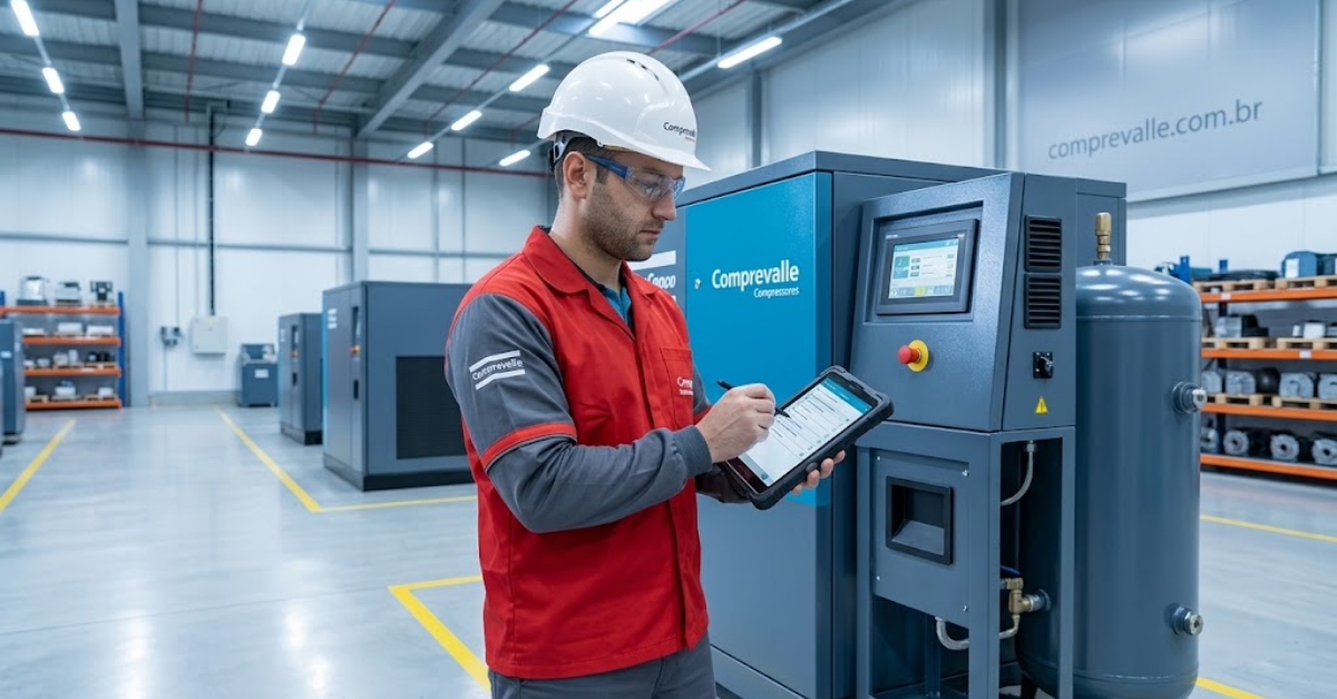 Manutenção preventiva em compressor de ar industrial.